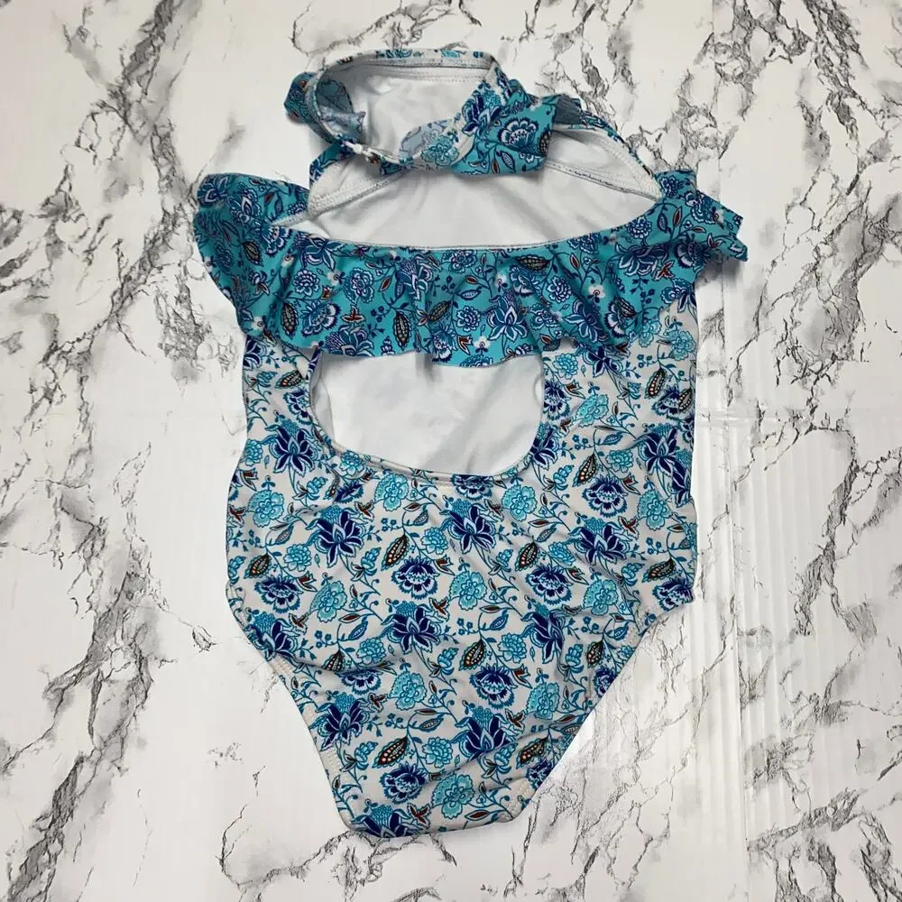 Janie and Jack Blue Radiance Floral Paisley Recycled Halter Swimsuit Girl Size 4
